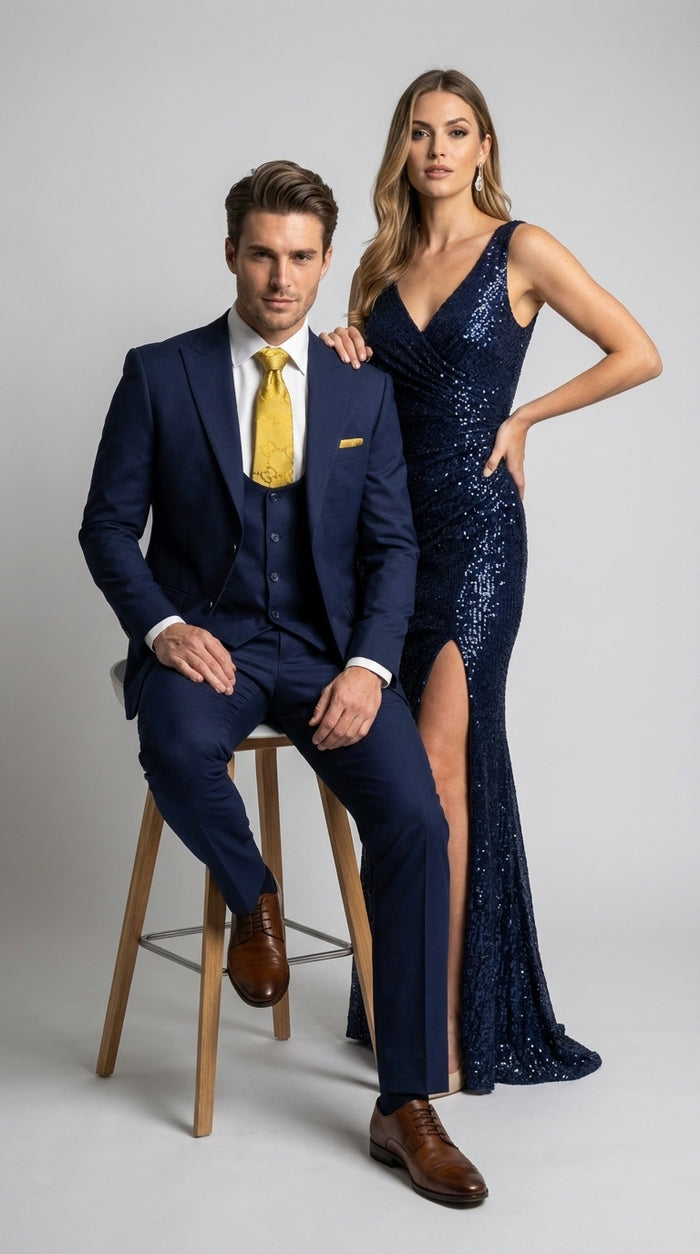 Mens Vitali 3 Piece Suit W/Scoop Vest Navy Blue 3-Piece Suit – Big Peak Lapel  Vest and Pants Two Buttons  Modern Fit