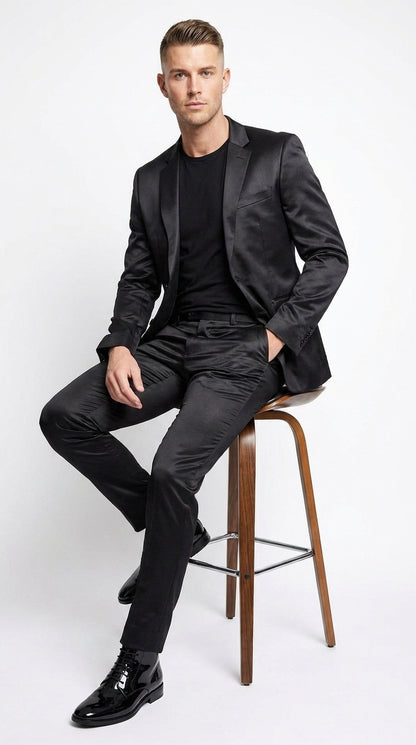 Men’s Black Shiny Sharkskin 2 Piece Suit, Formal Wedding Prom Party Dress Suit  Modern Fit