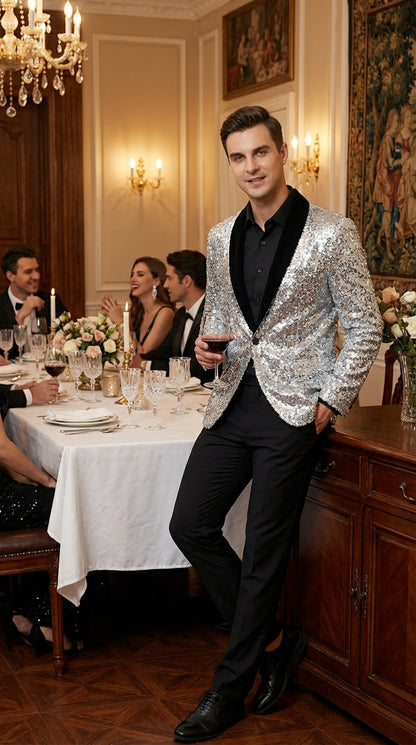 Men’s Silver Sequin Blazer Disco Style Jacket – Black Lapel Party Blazer, Shiny Evening Wear, 70s Dance Outfit, Formal Event Jacket