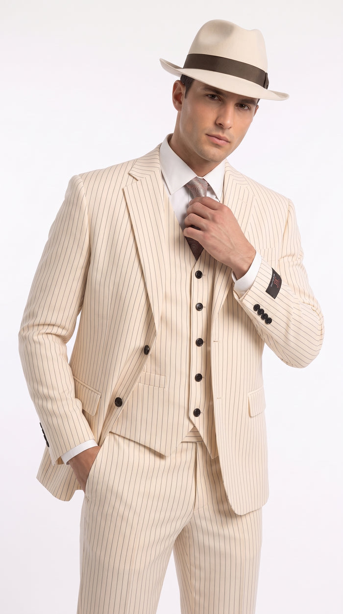 Men’s Ivory Cream Pinstripe 3-Piece Suit – 1920s Gangster Gatsby Wedding and Formal Suit  Modern Fit
