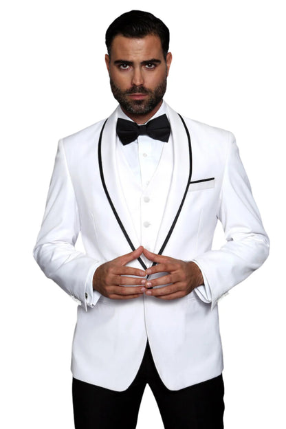 3-Piece Tailored Fit Wool Suit with Bow Tie and Flat Front Pants - White Modern Fit