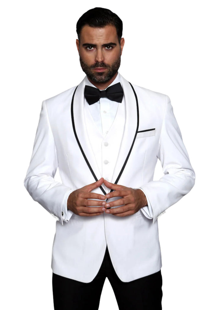 3-Piece Tailored Fit Wool Suit with Bow Tie and Flat Front Pants - White Modern Fit