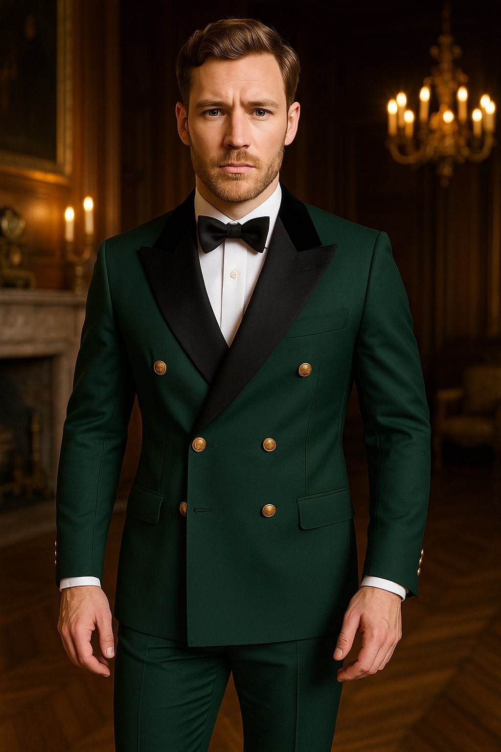 Men's Green Double-Breasted Wedding Tuxedo with Black Velvet Lapel and Gold Buttons - Image 6