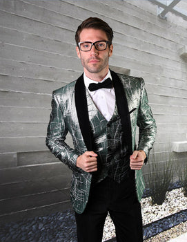 Mens One Button Organic Print Shiny Prom Tuxedo in Green