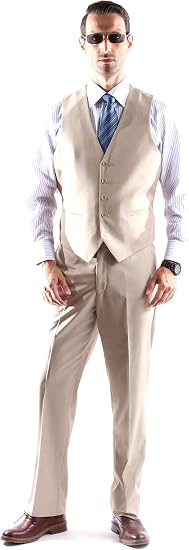 Mens Extra Long For Tall Man Vested 3 Piece Suit in Color Beige Two Buttons Modern Fit