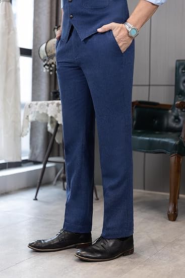 Mens Vintage Tweed Dress Pants Slacks Trousers Regular Fit Suit Pants in Blue - view 3
