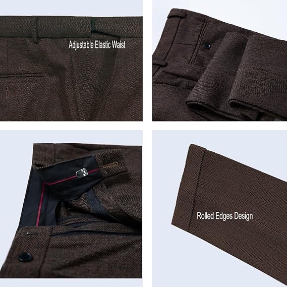 Mens Vintage Tweed Dress Pants Slacks Trousers Regular Fit Suit Pants in Coffee - view 2