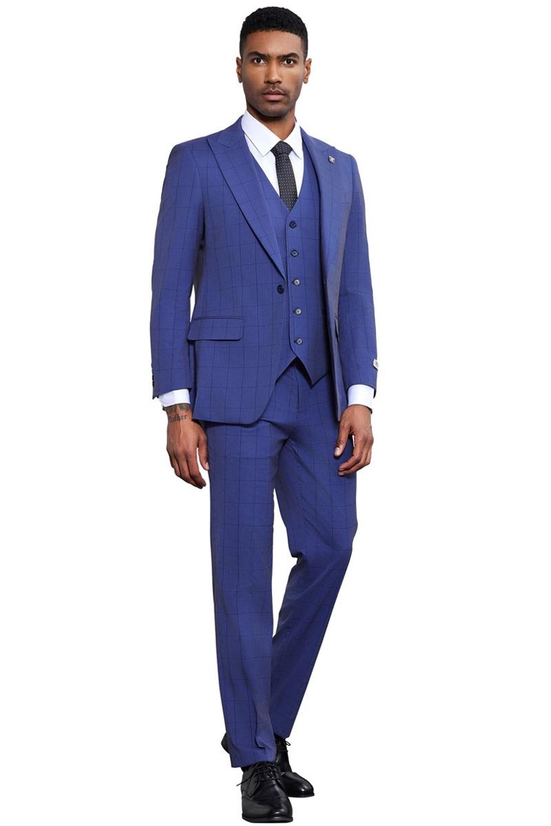 Men's Stacy Adams Modern Fit Vested Tonal Windowpane Plaid Suit in French Blue - Image 3