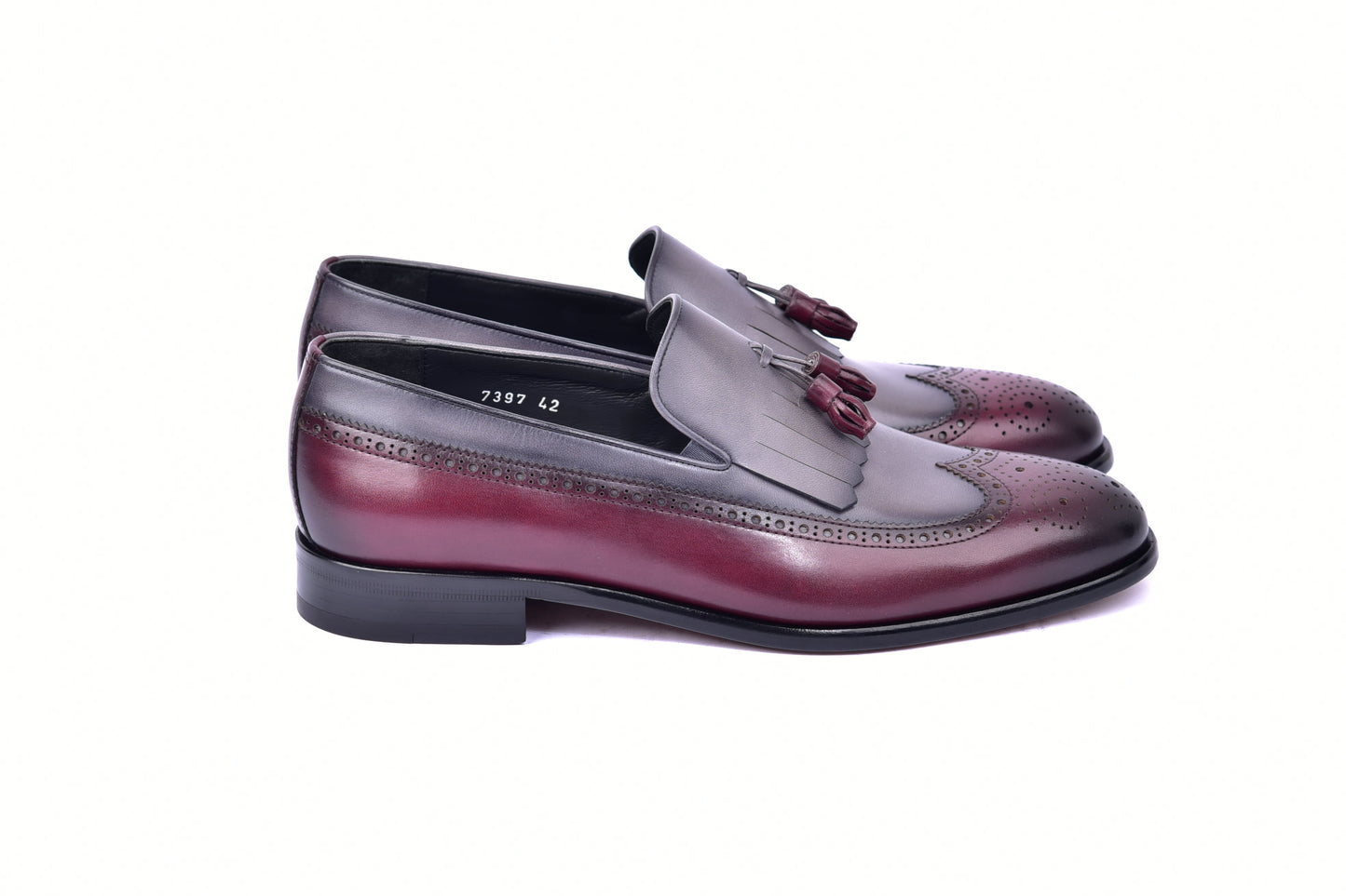 C00018-7397 Wing tip Kiltie Tassel Loafer-Burgundy/Grey - Image 2