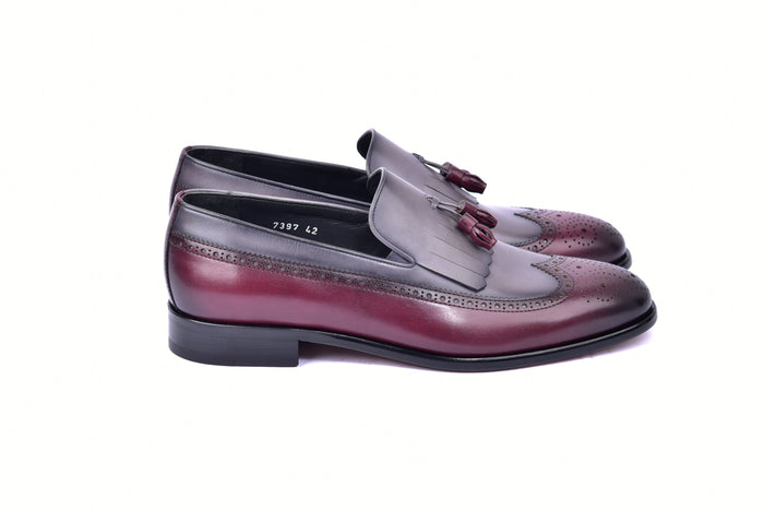 C00018-7397 Wing tip Kiltie Tassel Loafer-Burgundy/Grey - Image 2