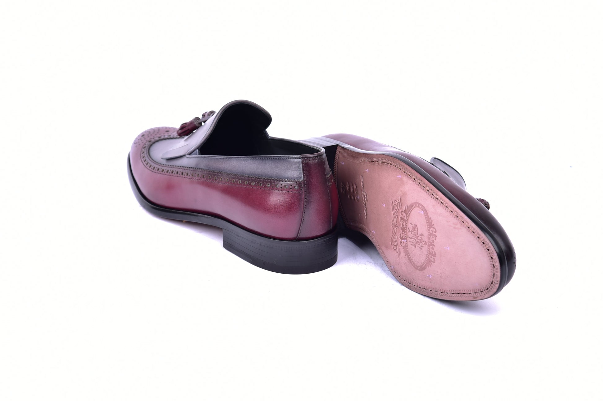 C00018-7397 Wing tip Kiltie Tassel Loafer-Burgundy/Grey - Image 3
