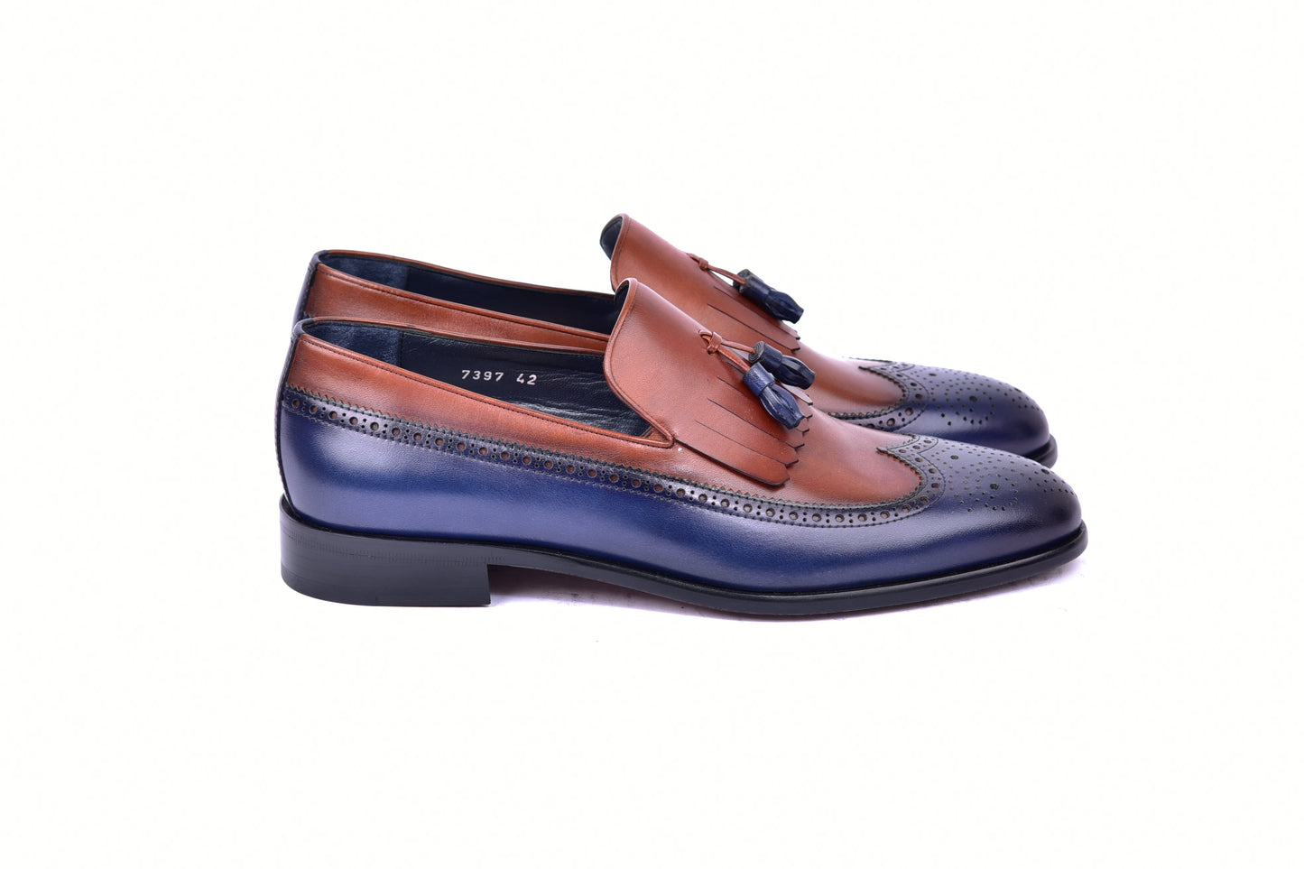 C00019-7397 Wing tip Kiltie Tassel Loafer-Navy/Tan - Image 2