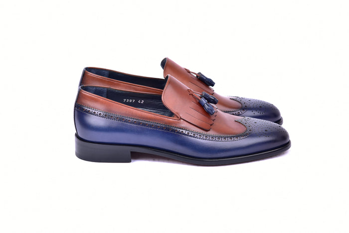 C00019-7397 Wing tip Kiltie Tassel Loafer-Navy/Tan - Image 2