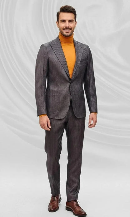 Mens Slim Fit One Button Peak Lapel Suit Brown