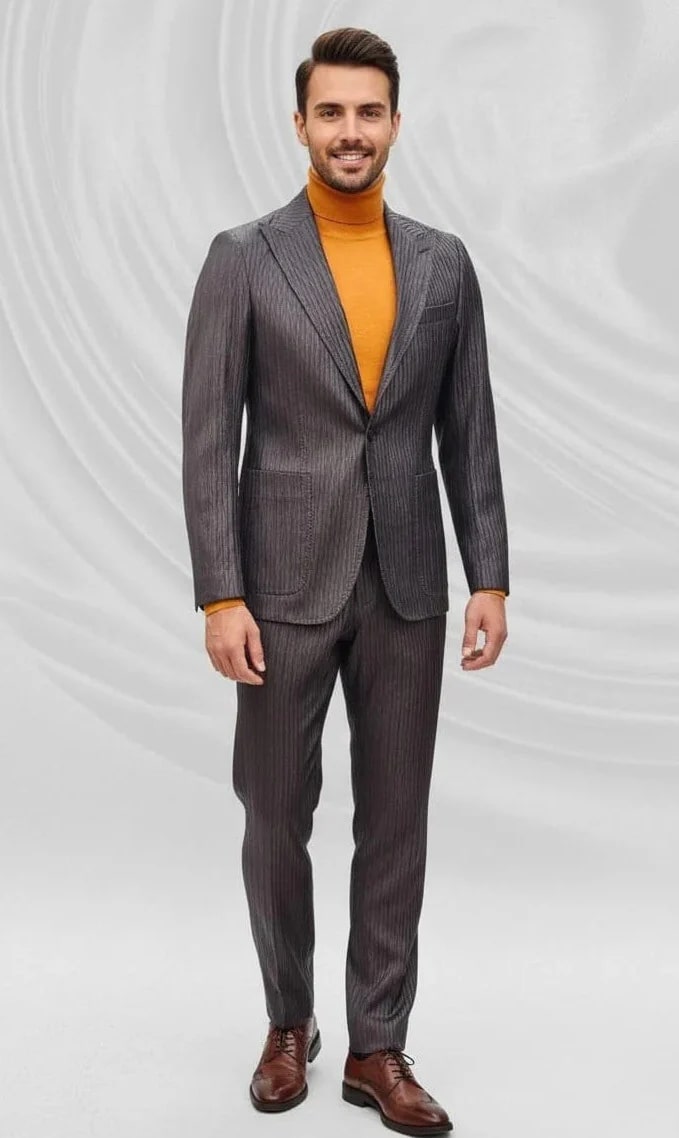 Mens Slim Fit One Button Peak Lapel Suit Brown