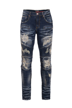 Distressed Moto Jeans in demin