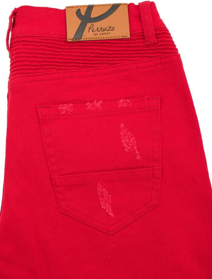Distressed Moto Jeans  in Red color