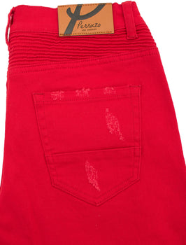 Distressed Moto Jeans  in Red color