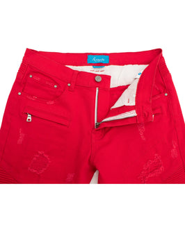 Distressed Moto Jeans  in Red color