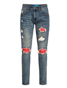 PX Indigo denim , quilted red patches