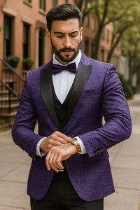 Purple Paisley-200VP  Two Toned Paisley Blazer or Tuxedo Suit + Pants Vested + Black Lapel Blazer Looking