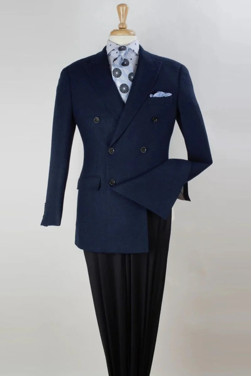 Apollo King Designer Brand Mens Classic Fit Double Breasted Sport Coat Blazer in Navy