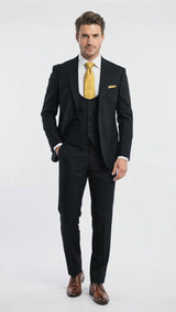 Vitali Men's Modern Fit 3-Piece Black Suit – 2-Button Jacket with Scoop Neck Vest