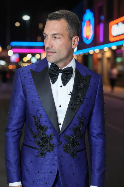 Men’s Parini Royal Blue Embellished Suit –  Peak Lapel Prom & Formal Suit Modern Fit