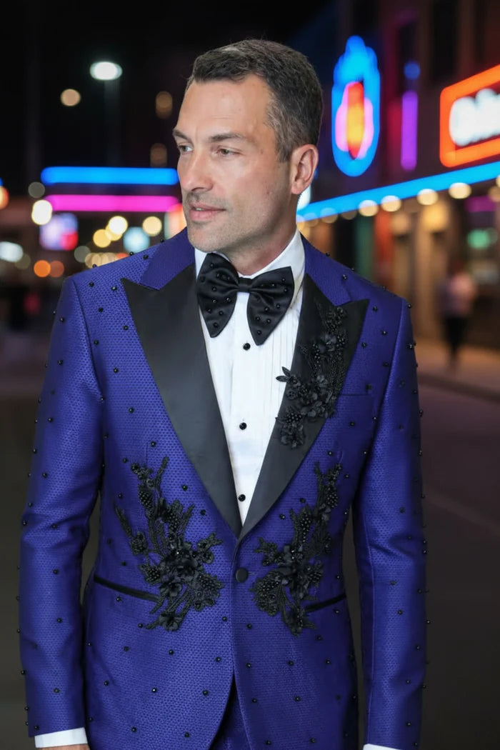 Men’s Parini Royal Blue Embellished Suit –  Peak Lapel Prom & Formal Suit Modern Fit