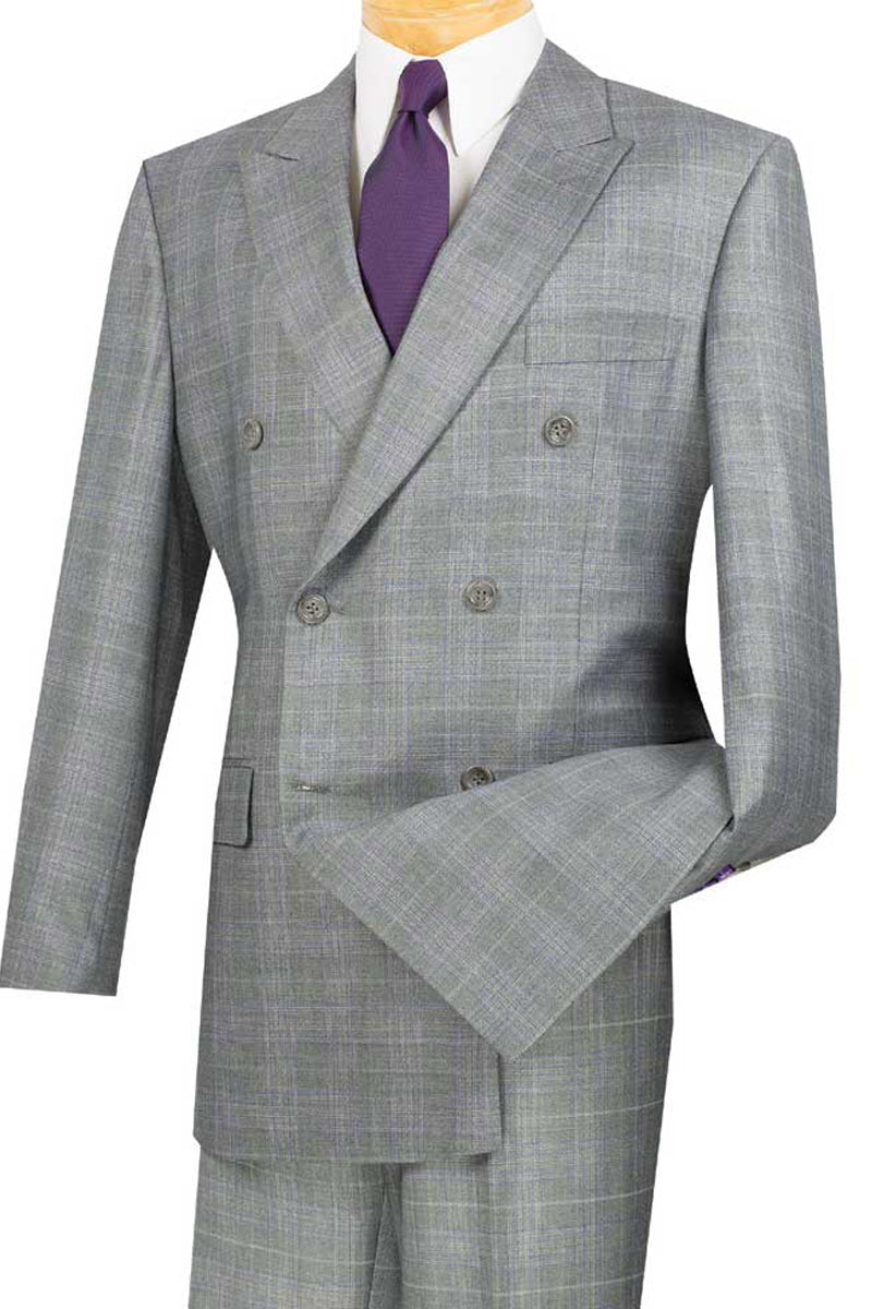 Mens Classic Wool Feel Double Breasted Glen Plaid Suit in Grey - Image 10