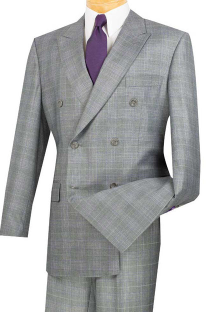 Mens Classic Wool Feel Double Breasted Glen Plaid Suit in Grey - Image 10
