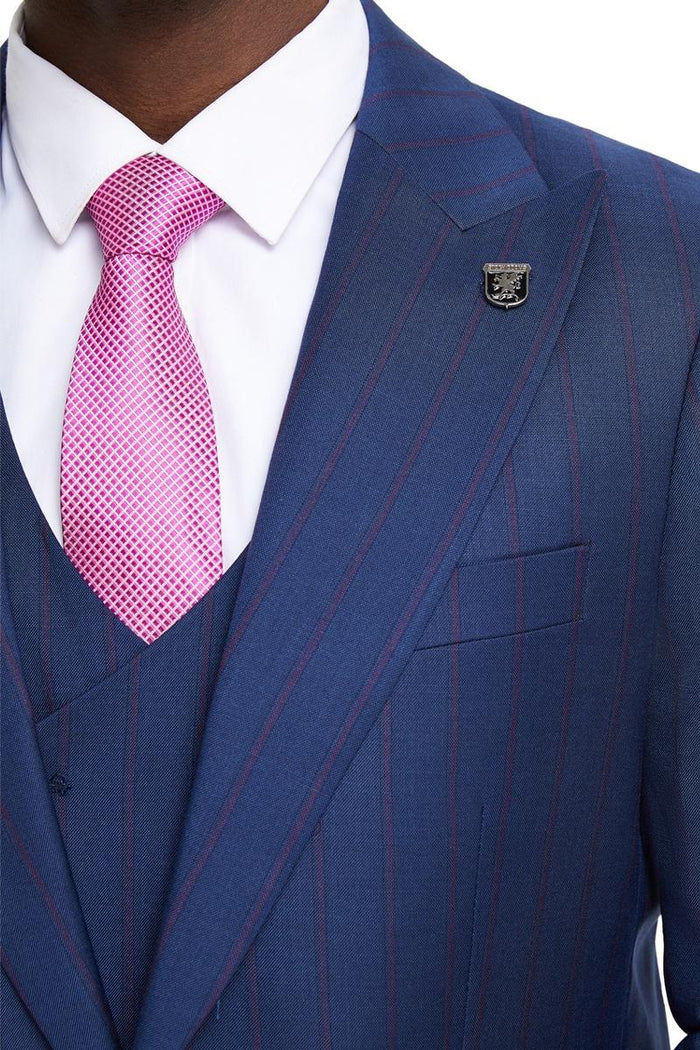 Men's Stacy Adams Vested One Button Side Peak Lapel Pinstripe Suit in Navy Blue - Image 4