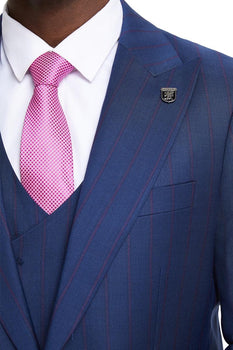 Men's Stacy Adams Vested One Button Side Peak Lapel Pinstripe Suit in Navy Blue - Image 4