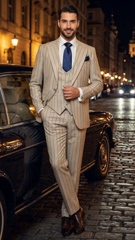 Men's Beige with blue Pinstripe Three-Piece Suit with Vest by Rossiman Vested Peak Lapel in Tan Stripe 1920s style - Image 7