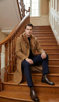 Men's Camel Brown Long Overcoat with Faux Fur Collar, Classic Winter Topcoat for Formal and Business Wear - Image 7