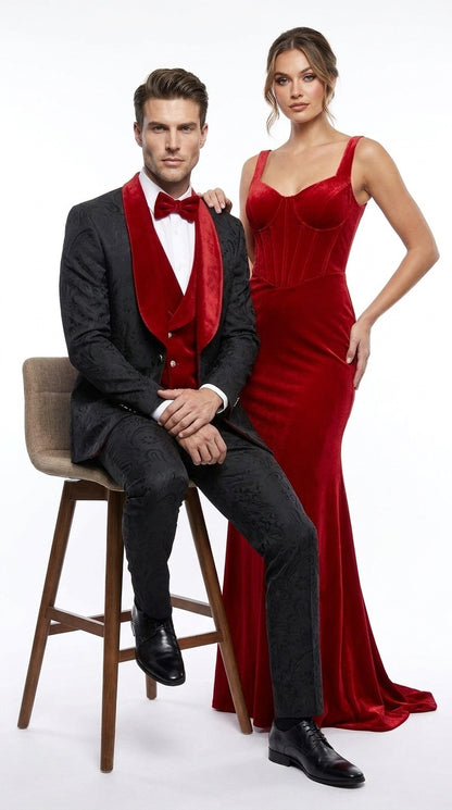 Men’s Black Paisley Tuxedo with Red Velvet Shawl Lapel – 3 Piece Wedding Prom Suit With Matching Bowtie