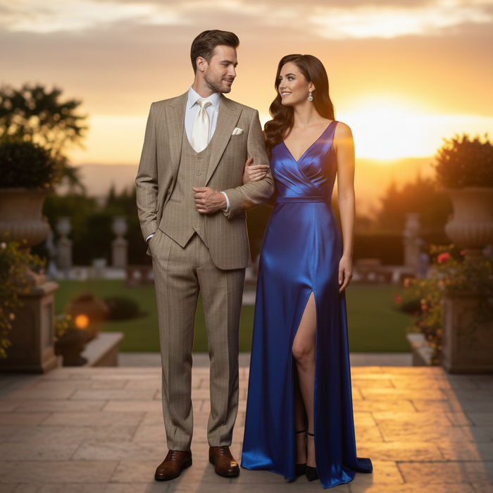 Men’s Beige Pinstripe Three-Piece Suit – Classic Fit Formal Suit with Vest and Flat-Front Pants in Tan Stripe By Rossiman