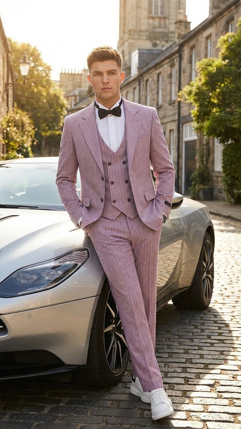 Men’s Dusty Rose Pink Pinstripe Three Piece Suit with Vest | Wedding and Party Formal Wear Prom or Church Suit Modern Fit