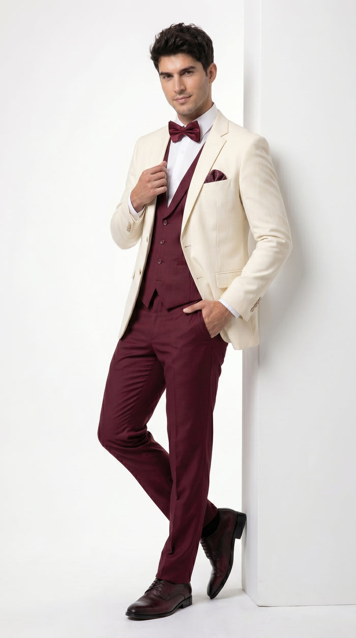 Men’s Cream Ivory and Burgundy 3 Piece Tuxedo Suit, Vested Formal Wedding Prom Dinner Suit in Cream Off White Color