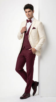 Men’s Cream Ivory and Burgundy 3 Piece Tuxedo Suit, Vested Formal Wedding Prom Dinner Suit in Cream Off White Color