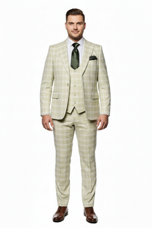 Men’s Light Beige Check 3-Piece Suit Set – Premium Tailored Fit Formal Wedding and Spring Event Suit Light Tan Sand Color By Rossiman
