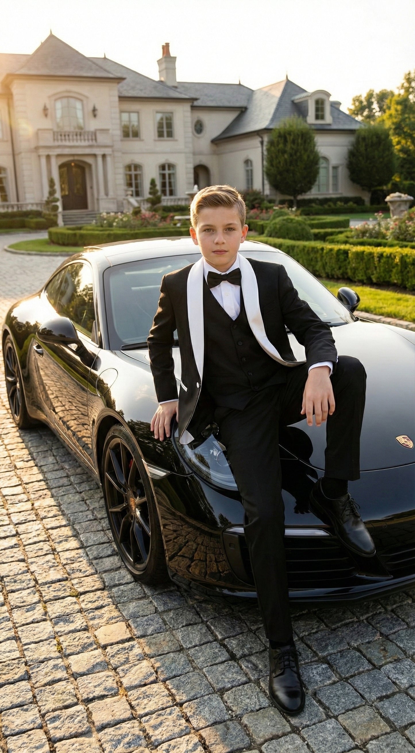Boys Black Tuxedo Suit with White Shawl Lapel and Bow Tie | Formal Wedding & Prom Outfit Set - Image 3