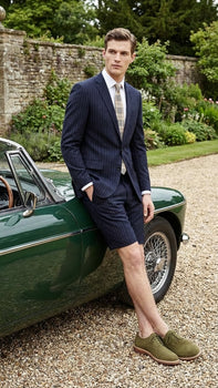 Men’s Dark Navy Blue Pinstripe or Black Pinstripe  Summer Business Suit with Shorts Pants Set – Sport Coat Style Formal and Casual Outfit