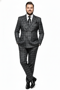 Men’s Charcoal Plaid Double-Breasted Suit –  Tailored Pants Windowpane Pattern By Rossiman