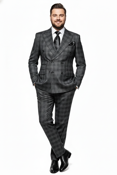 Men’s Charcoal Plaid Double-Breasted Suit –  Tailored Pants Windowpane Pattern By Rossiman
