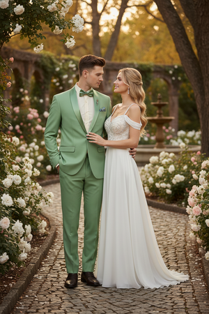 Men’s Mint Green Tuxedo – 2-Piece Formal Suit with Satin Shawl Lapel and Matching Bow Tie in  Sage Green