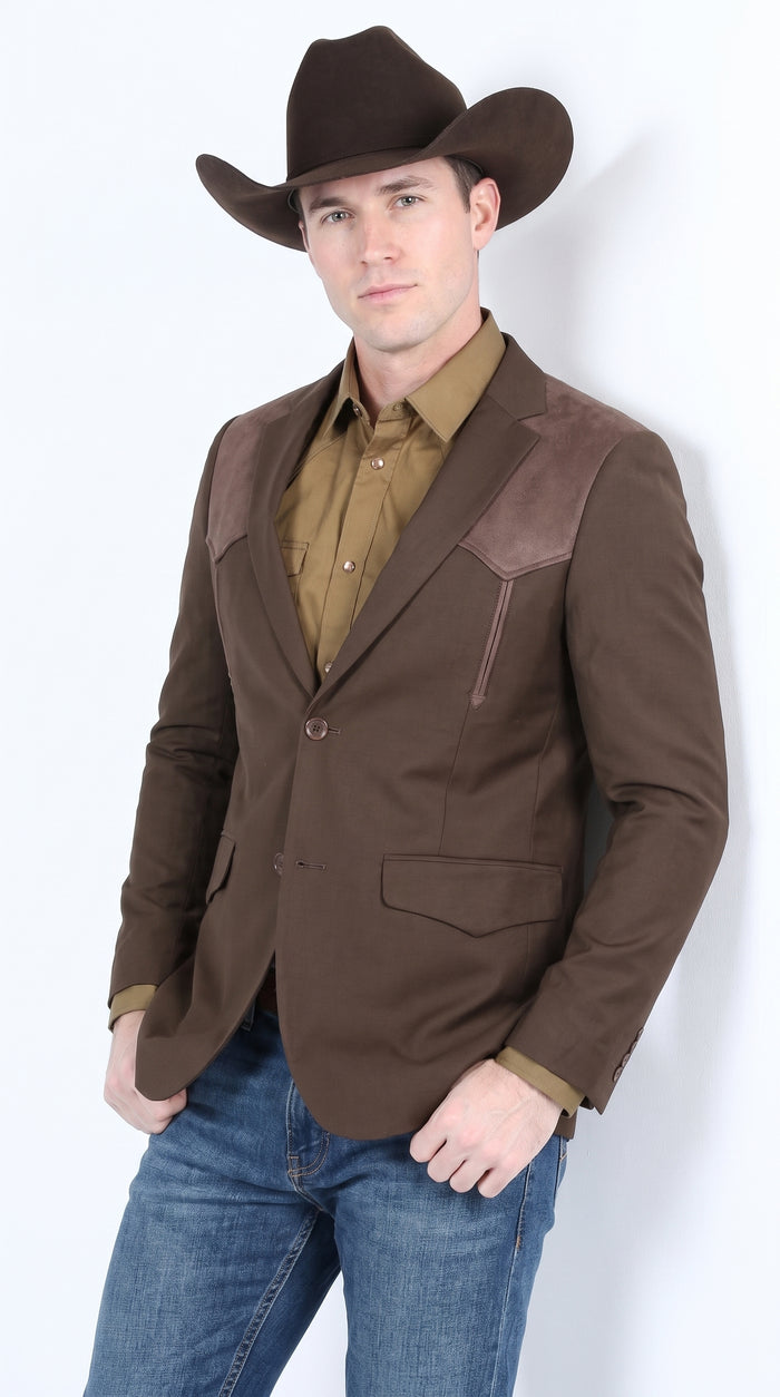 Men’s Dark Brown Western Blazer with Suede Yoke – Cowboy Sport Coat with Western Shoulder Details