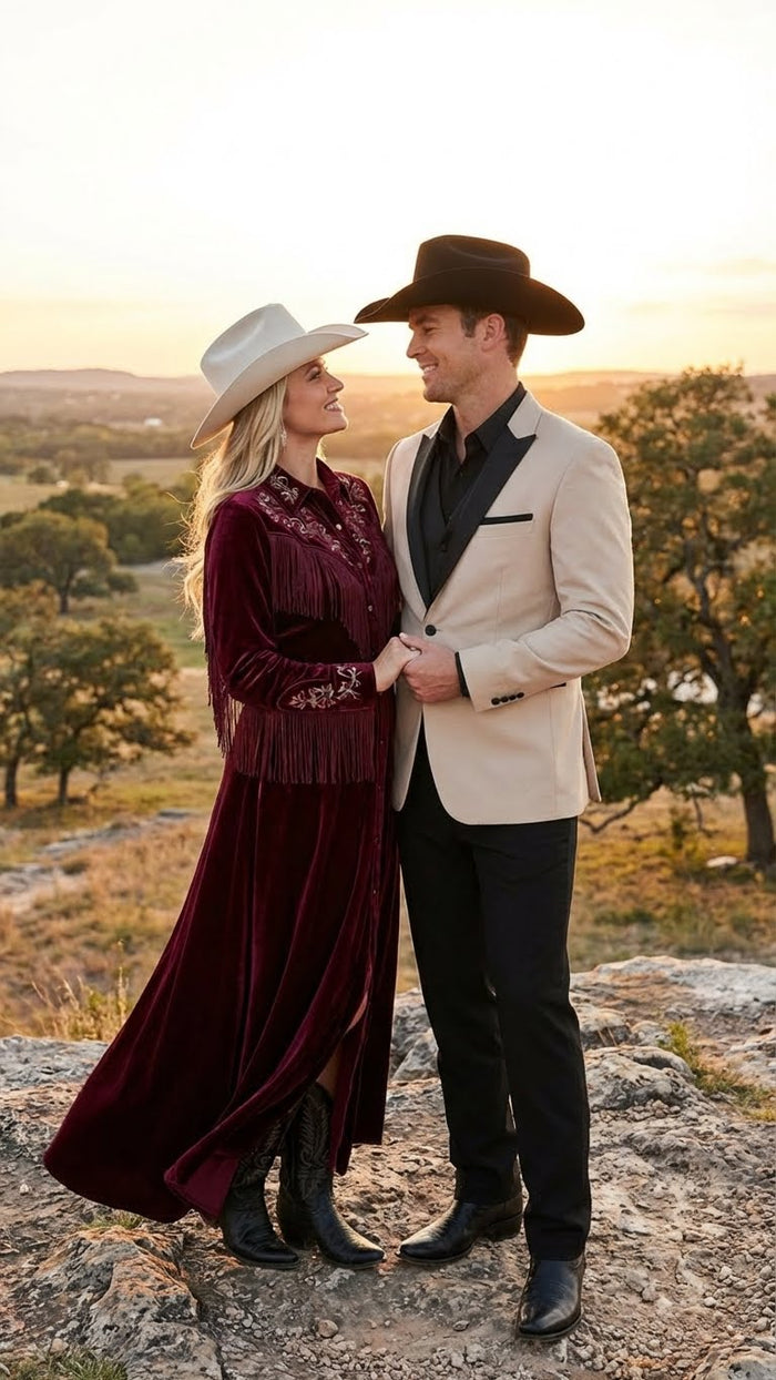 Men's Light Tan and Black Lapel Western Tuxedo Suit Set Wedding Party Cowboy Dress Tuxedo Black Pants - Image 7