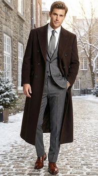 Men’s Brown Long Overcoat – Double Breasted Classic Formal Winter Coat for Business, Topcoat and Cold Weather Wear