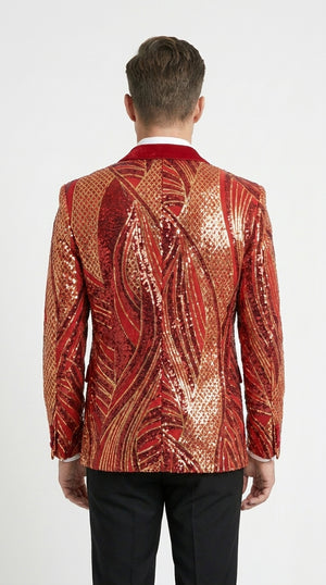 Men’s Red and Gold Sequin Christmas Holiday Blazer – Luxury Party Jacket for New Year, Wedding and Festive Events